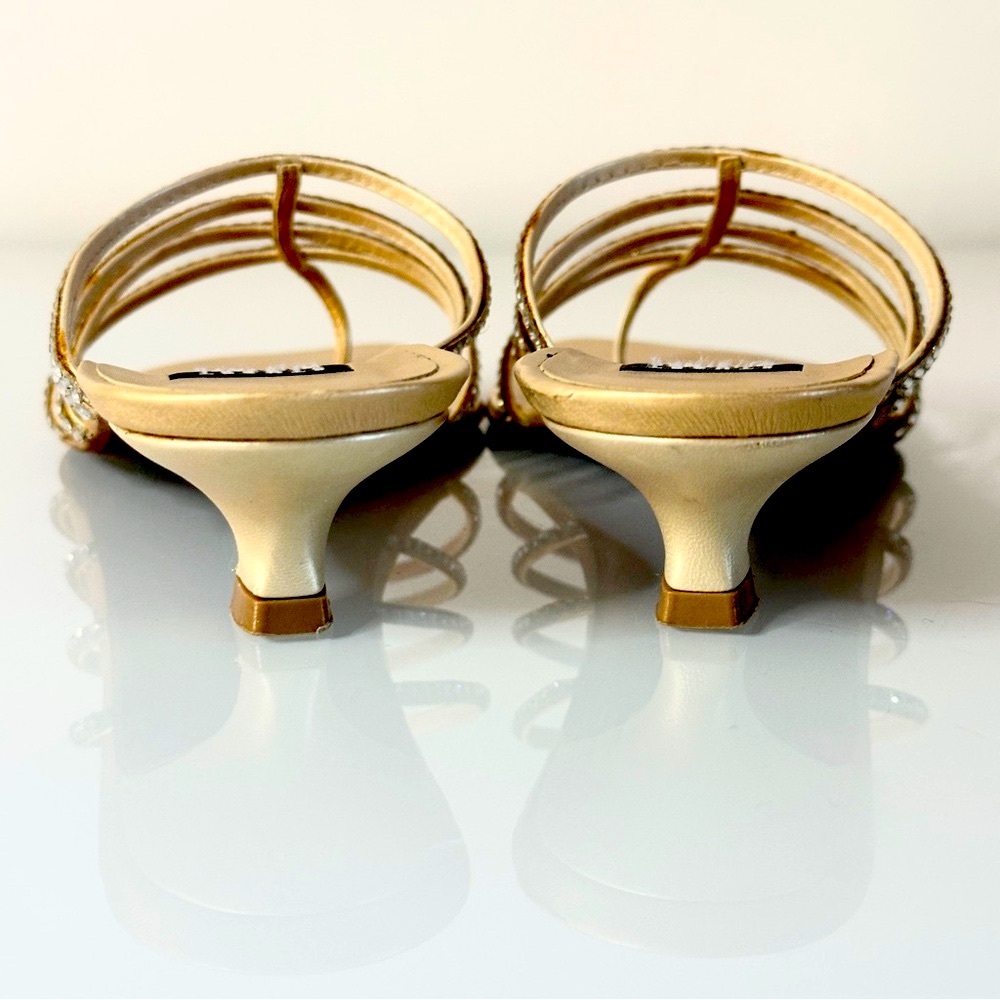 Stuart Weitzman Gold Kitten Heel Sandal 6.5 Toe Post Thong Rhinestone Straps - Picture 4 of 11